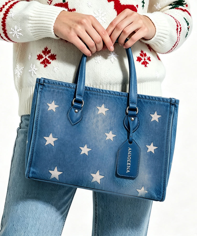 ANJOLENIA Blue Star Print Tote Bag