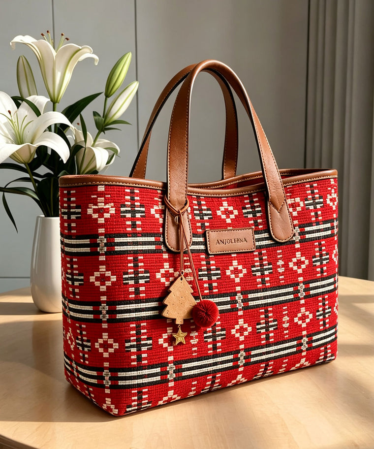 ANJOLENIA Red Ethnic Print Tote Bag