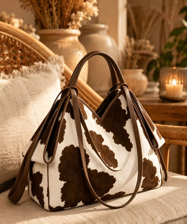 ANJOLENIA Brown Cow Print Tote Bag