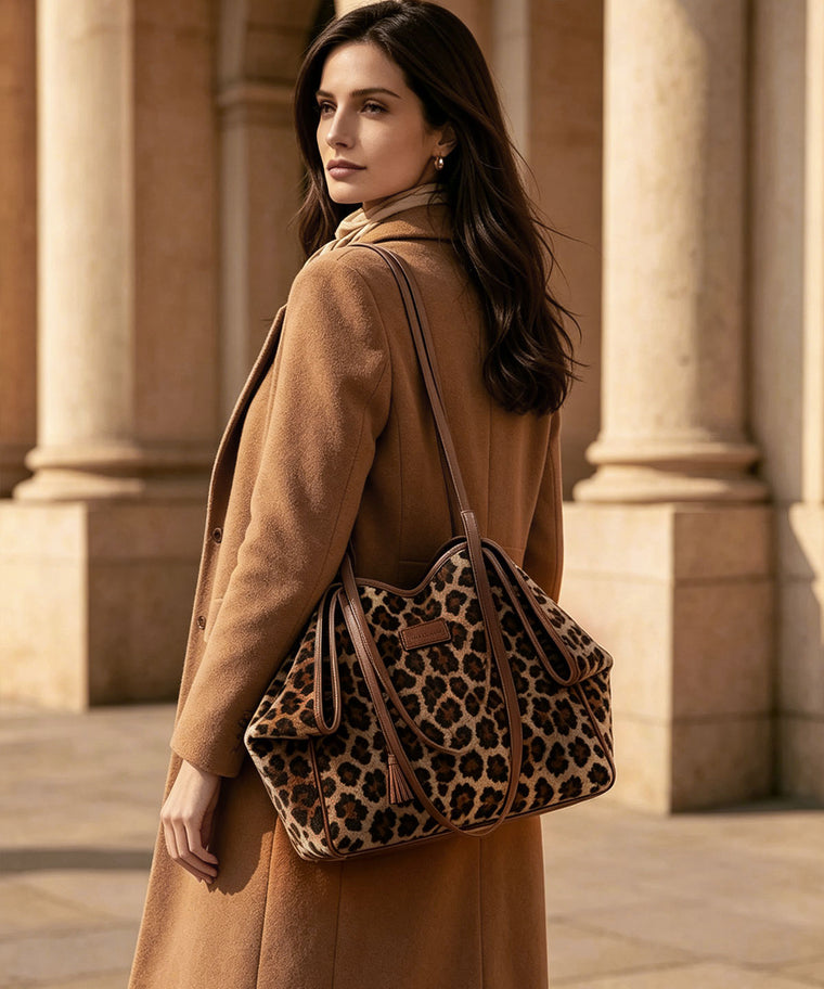 ANJOLENIA Brown Leopard Print Shoulder Tote Bag