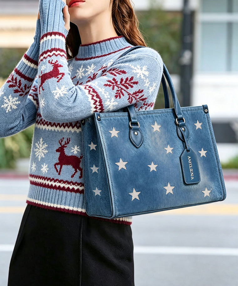 ANJOLENIA Blue Star Print Tote Bag