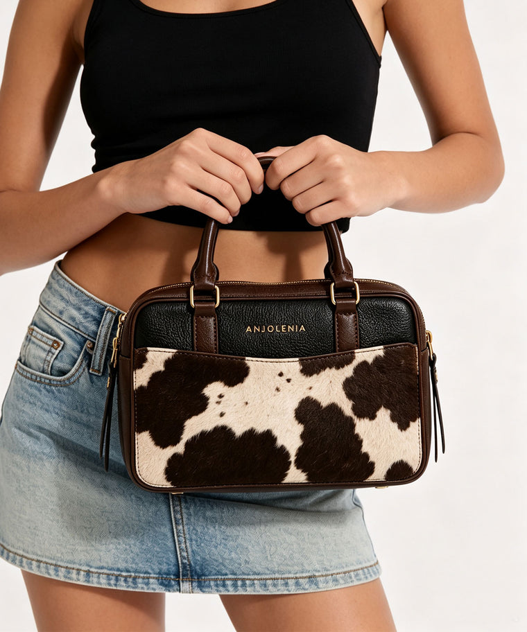 ANJOLENIA Brown Cow Print Top Handle Bag