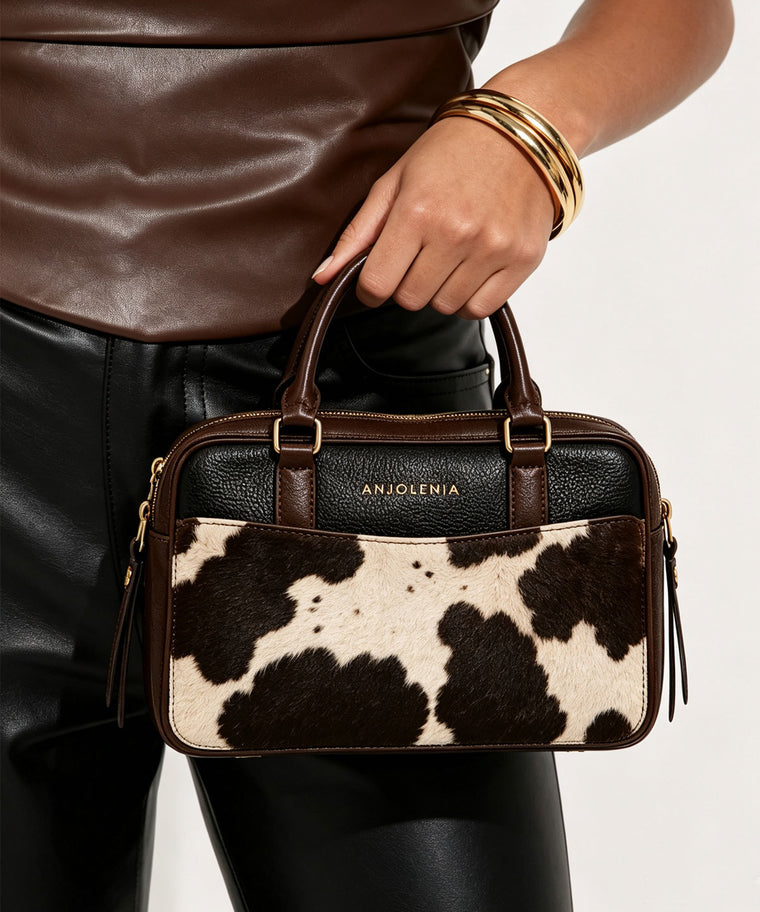 ANJOLENIA Brown Cow Print Top Handle Bag