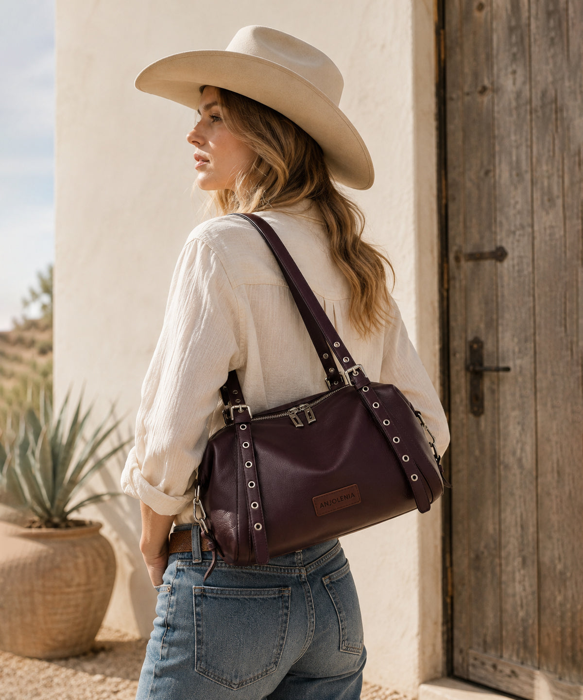 ANJOLENIA Genuine Leather Studded Shoulder Bag