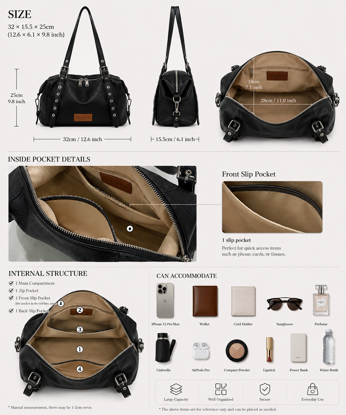 ANJOLENIA Genuine Leather Studded Shoulder Bag