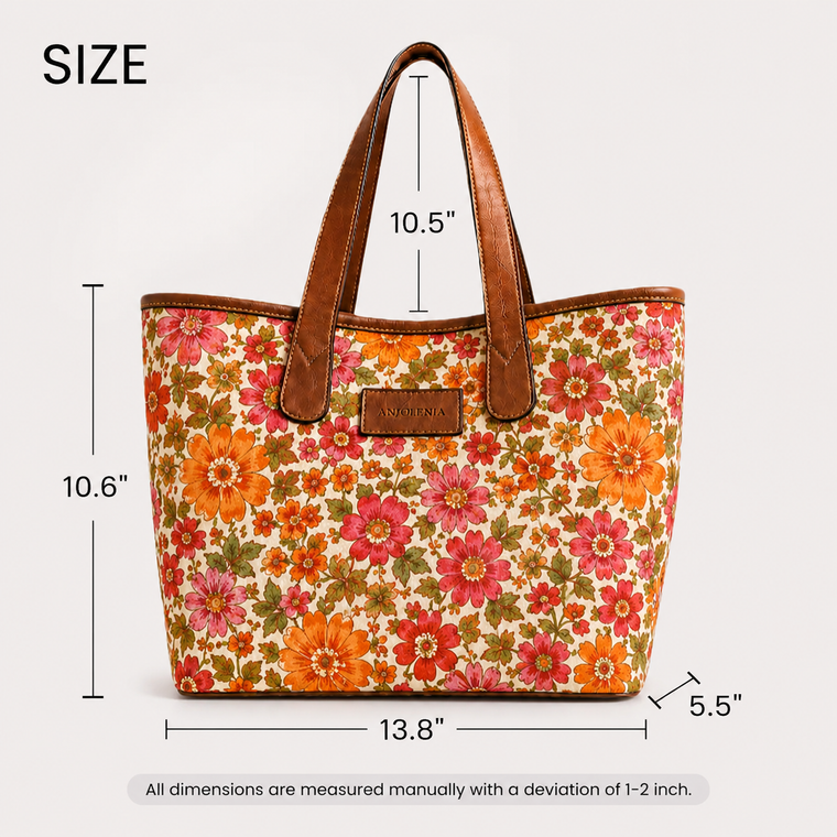 ANJOLENIA Sunset Bloom Floral Genuine Leather Tote Bag