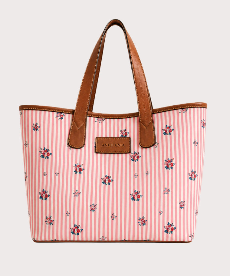 ANJOLENIA Vintage Floral Stripe Genuine Leather Tote Bag