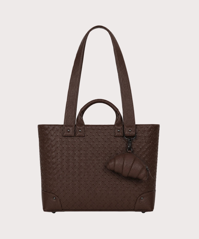 ANJOLENIA Brown Vegan Leather Tote Bag with Croissant Coin Pouch