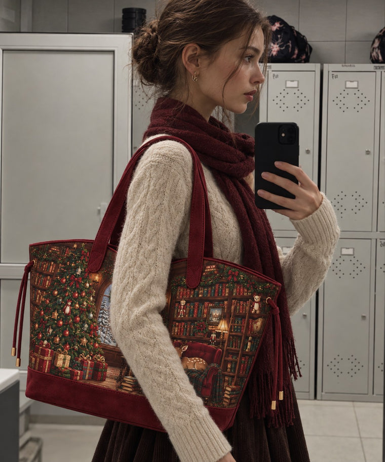 ANJOLENIA Vintage Christmas Library Burgundy Suede Tote Bag