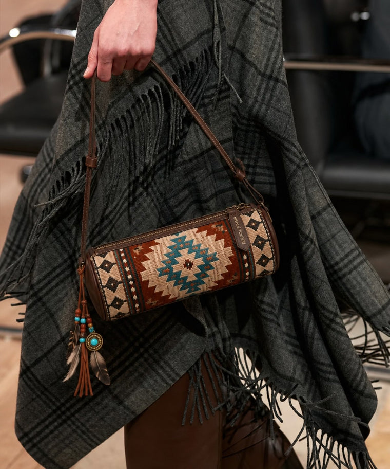 ANJOLENIA Aztec Boho Barrel Crossbody Genuine Leather Bag