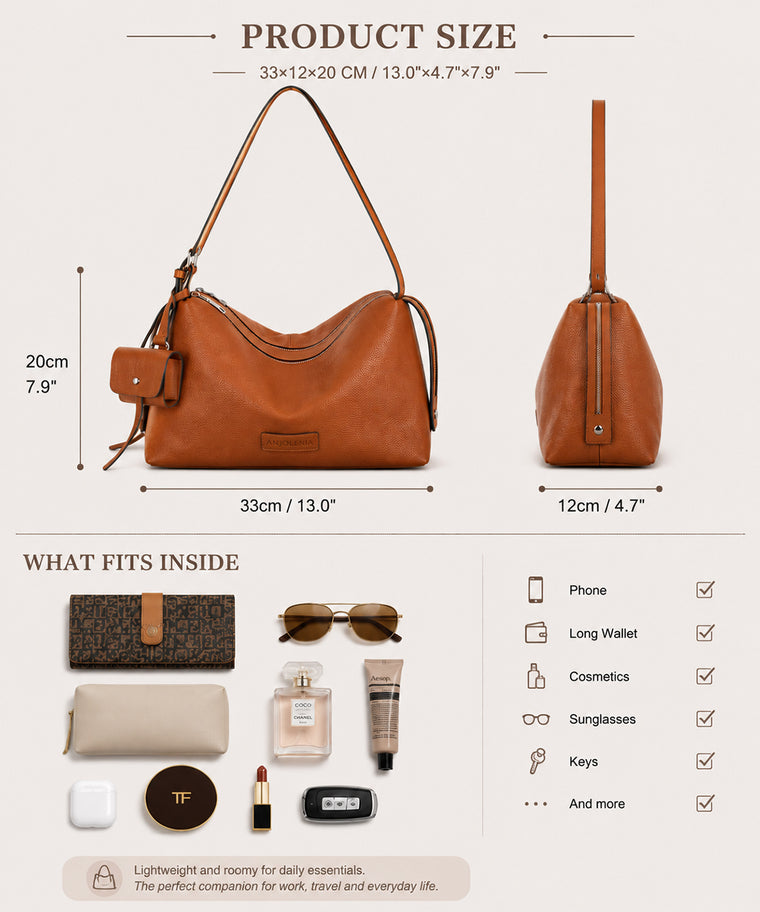 ANJOLENIA Soft Pebbled Large Hobo Shoulder Bag With Coin purse