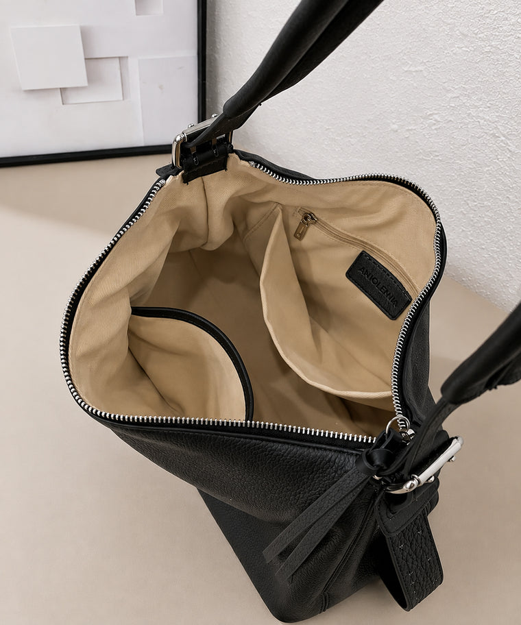 ANJOLENIA Soft Pebbled Leather Slouchy Hobo Shoulder Bag