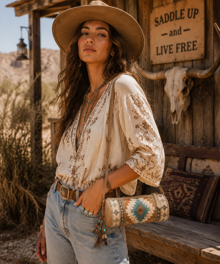 ANJOLENIA Aztec Boho Barrel Crossbody Genuine Leather Bag