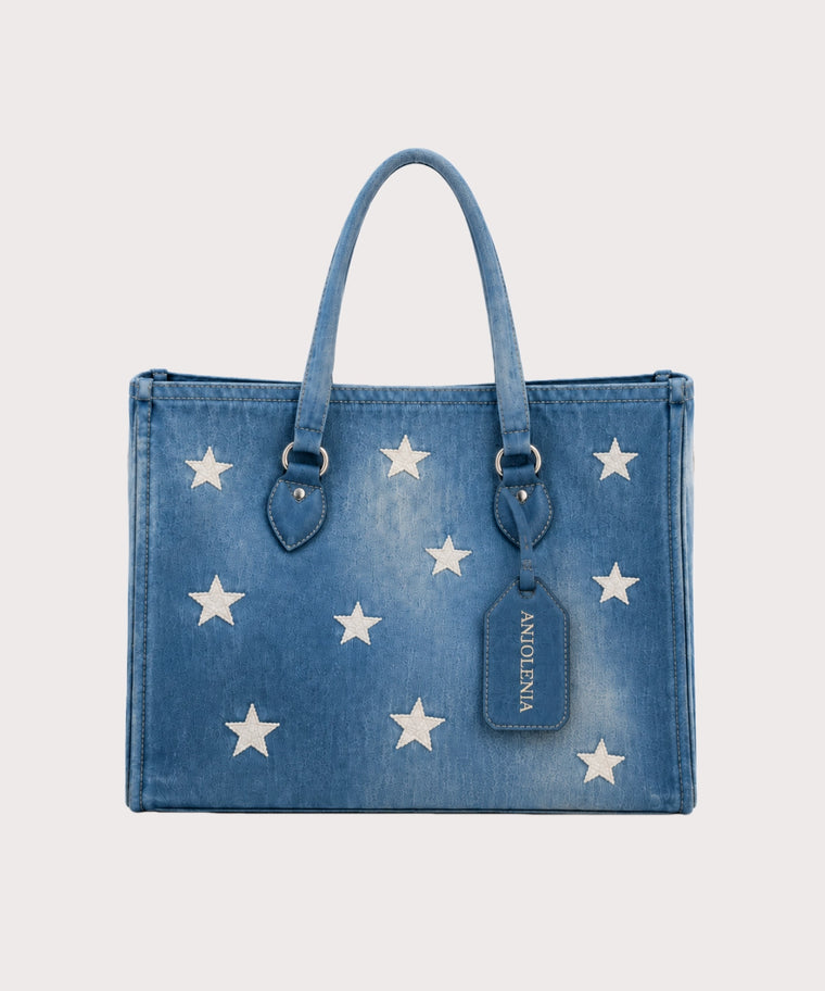 ANJOLENIA Blue Star Print Tote Bag