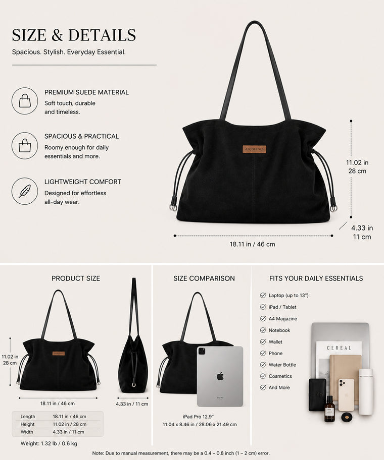 ANJOLENIA Drawstring Slouchy Suede Tote Bag