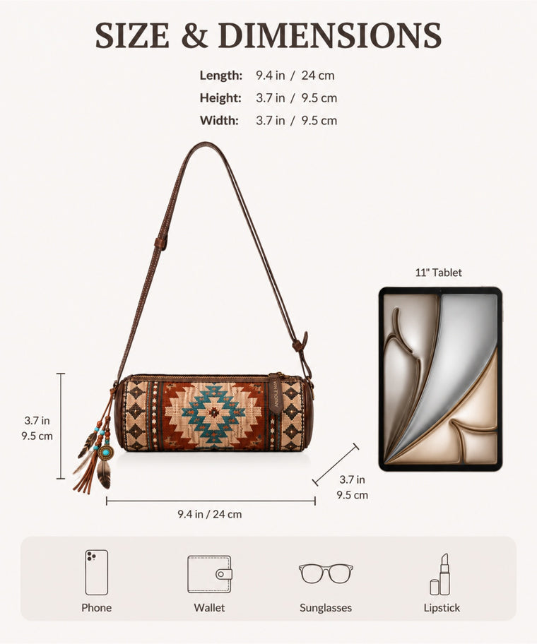 ANJOLENIA Aztec Boho Barrel Crossbody Genuine Leather Bag