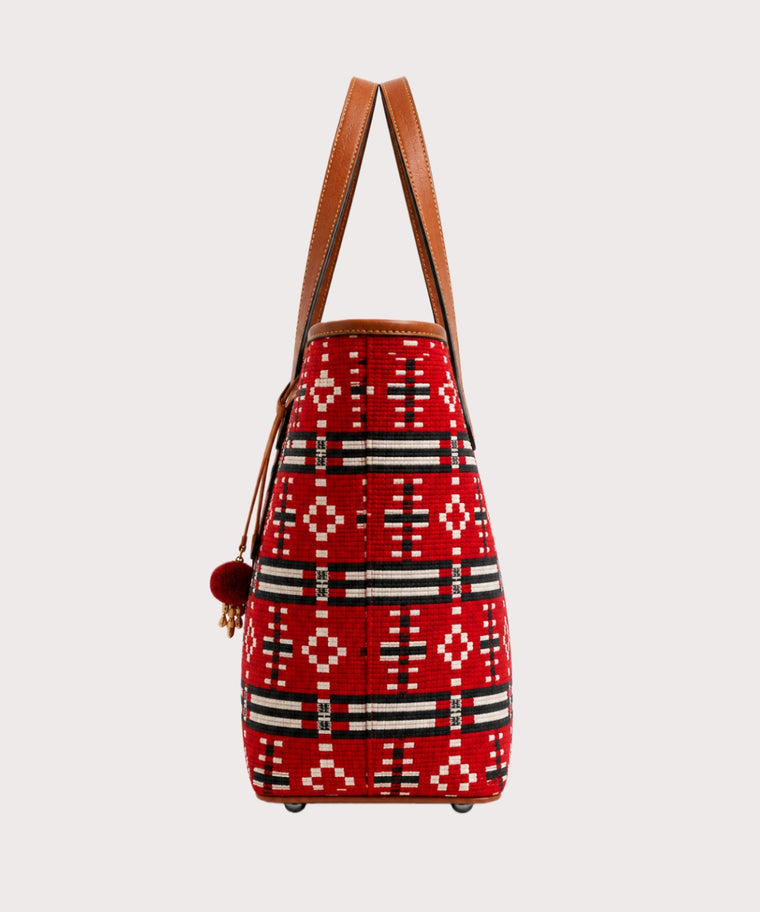 ANJOLENIA Red Ethnic Print Tote Bag
