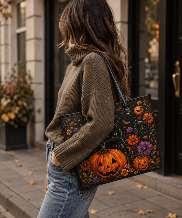 ANJOLENIA Halloween Black Cat & Pumpkin Floral Printed Tote Bag（Preorder）
