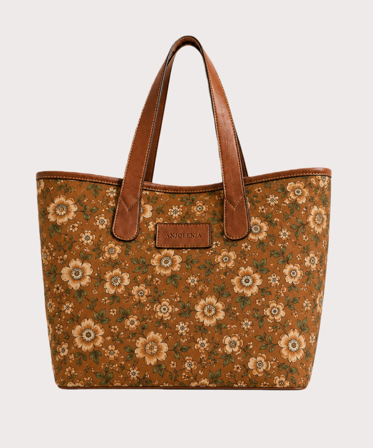ANJOLENIA Vintage Meadow Floral Genuine Leather Tote Bag