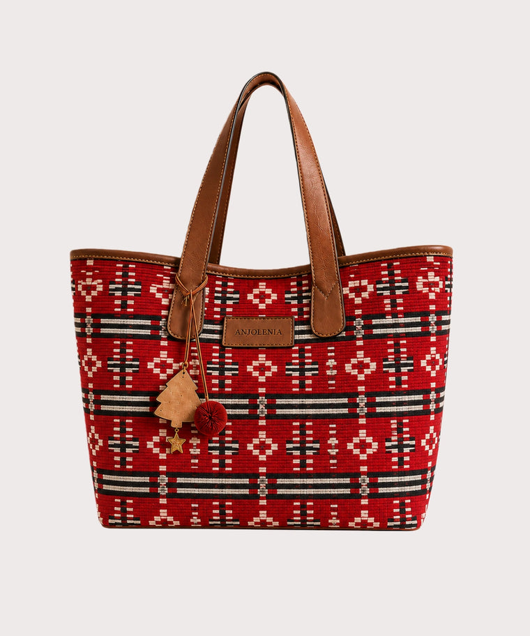 ANJOLENIA Red Ethnic Print Tote Bag