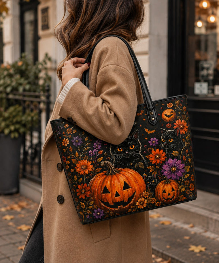 ANJOLENIA Halloween Black Cat & Pumpkin Floral Printed Tote Bag（Preorder）