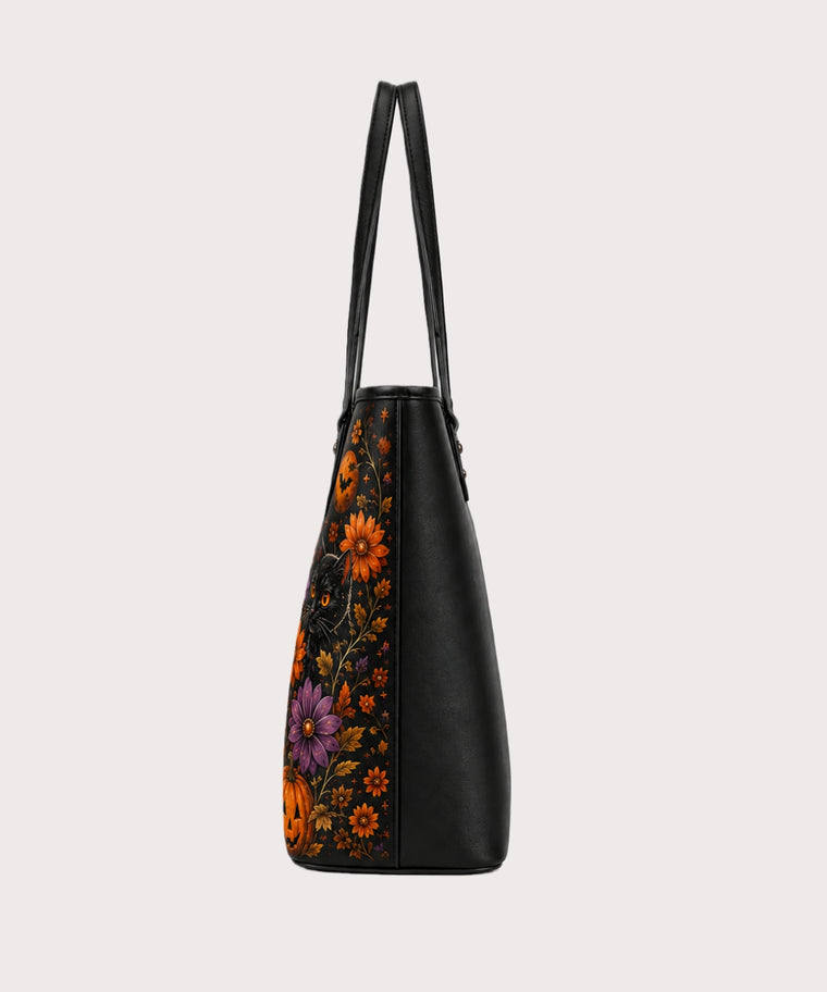 ANJOLENIA Halloween Black Cat & Pumpkin Floral Printed Tote Bag（Preorder）