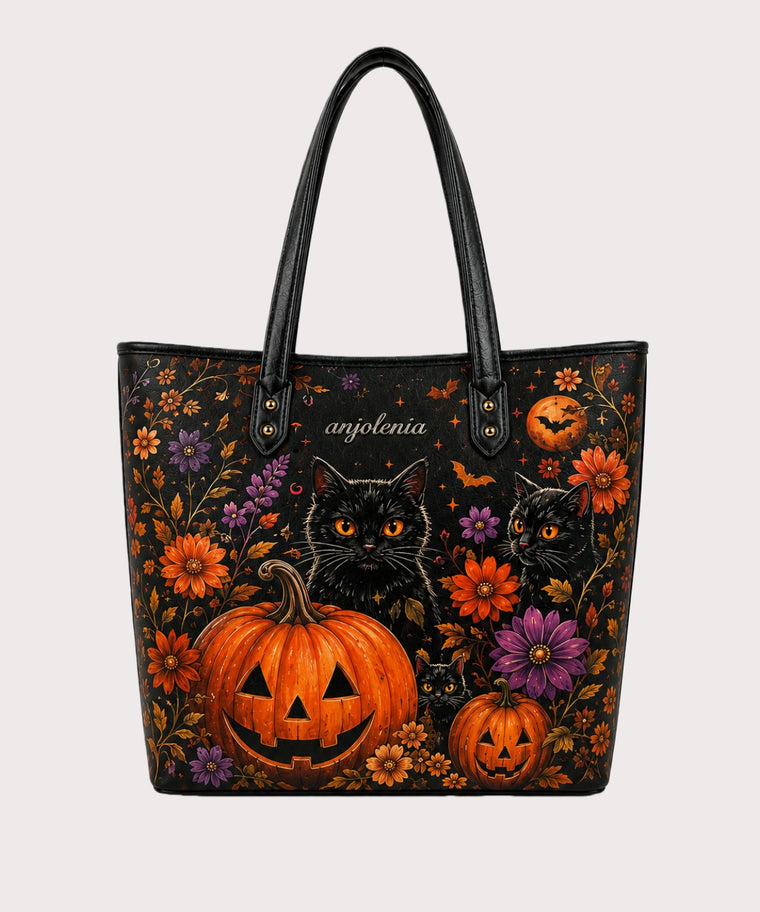 ANJOLENIA Halloween Black Cat & Pumpkin Floral Printed Tote Bag（Preorder）