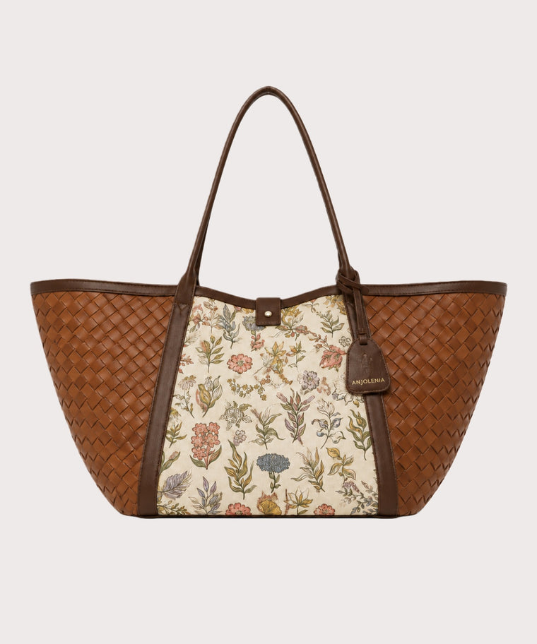ANJOLENIA Large Botanical Print Woven Tote Bag