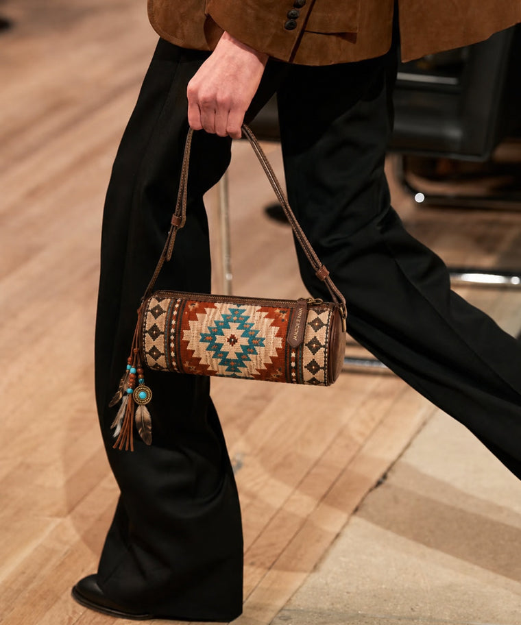 ANJOLENIA Aztec Boho Barrel Crossbody Genuine Leather Bag