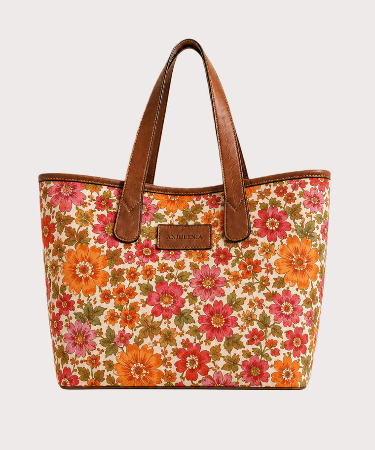 ANJOLENIA Sunset Bloom Floral Genuine Leather Tote Bag