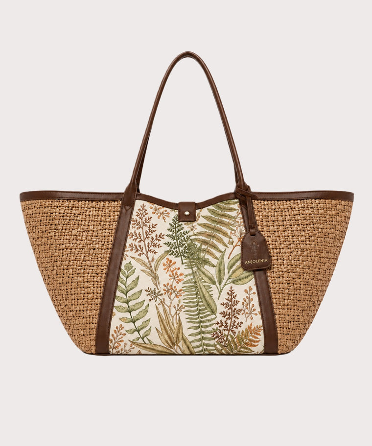 ANJOLENIA Large Botanical Print Woven Tote Bag