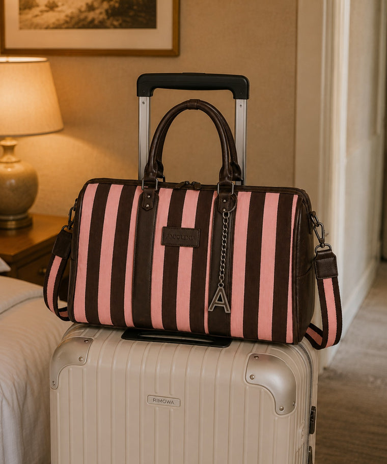 ANJOLENIA Pink & Brown Stripe Weekender Bag