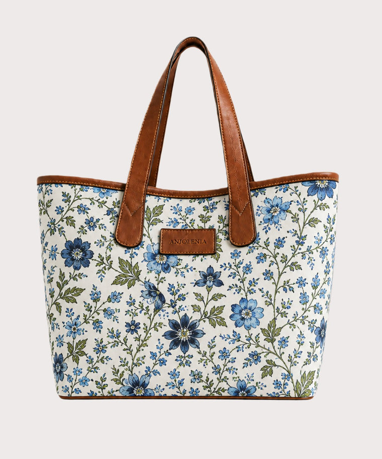 ANJOLENIA Blue Garden Floral Genuine Leather Tote Bag