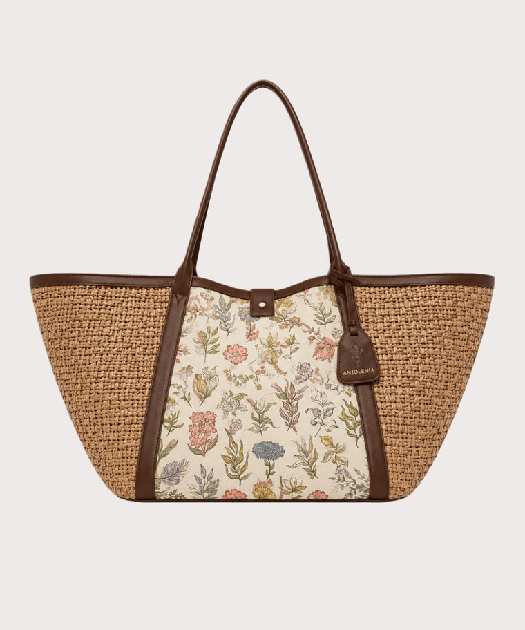 ANJOLENIA Large Botanical Print Woven Tote Bag