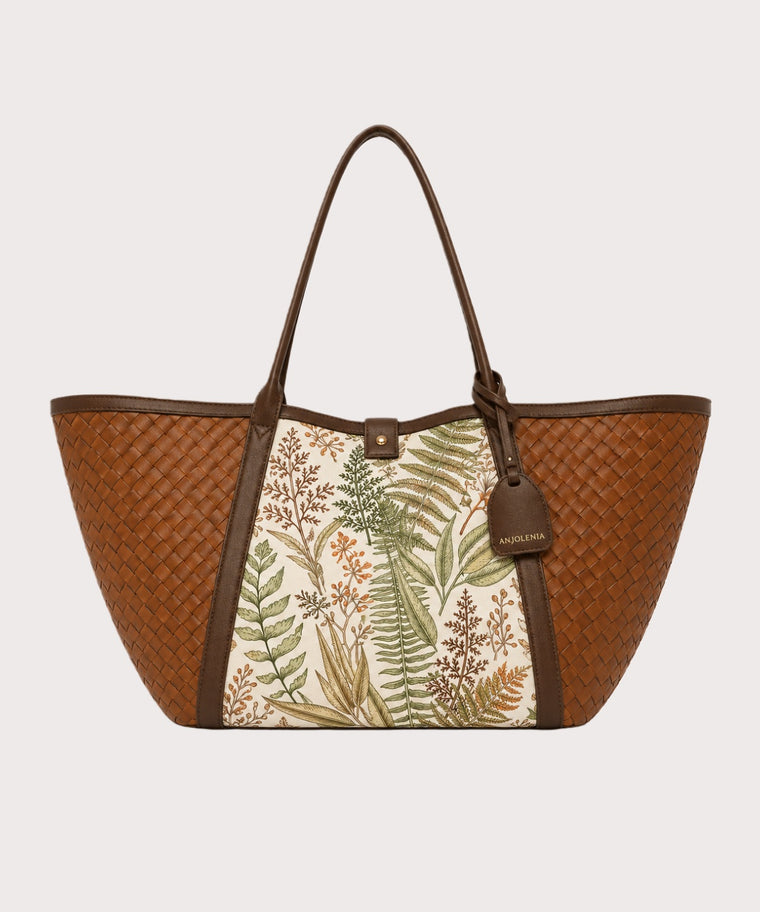 ANJOLENIA Large Botanical Print Woven Tote Bag